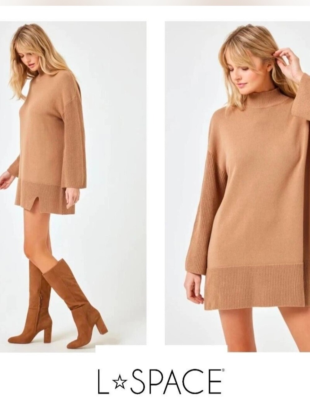NWT L*Space caramel-tan mock neck knit tunic sweater Size XL